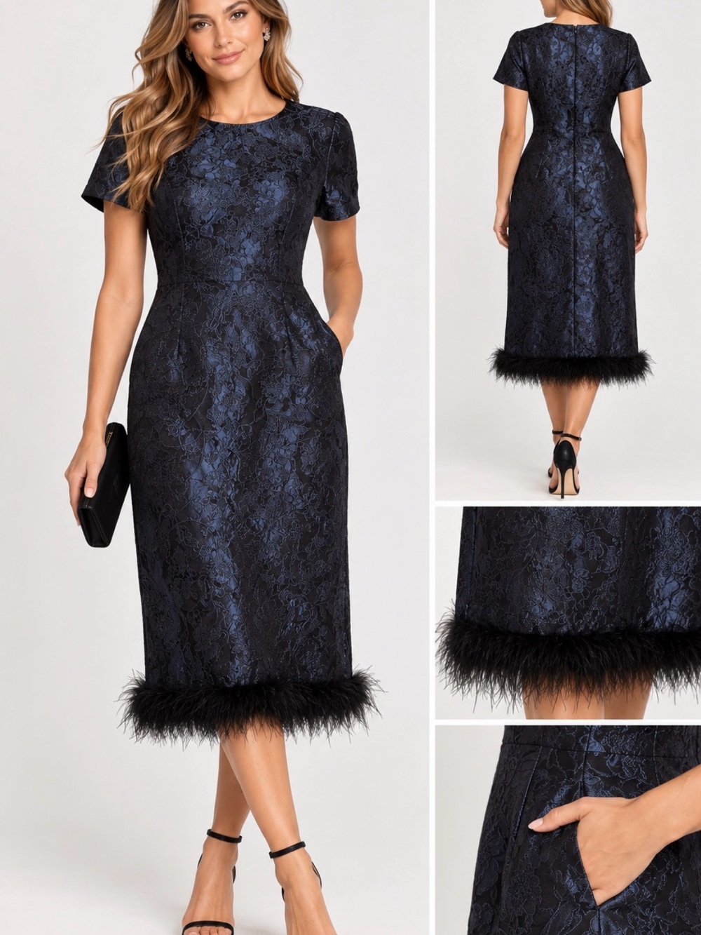 Sugarlips NWT Floral Jacquard Feather Trim Midi Dress XS Pockets